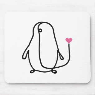 Cute Penguin One Line Art with Pink Heart Mouse Mat
