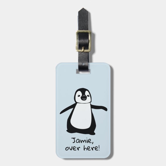 Cute Penguin | Over here | personalised Luggage Tag (Front Vertical)