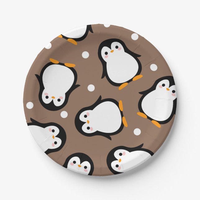 Cute penguin pattern brown pattern paper plate (Front)