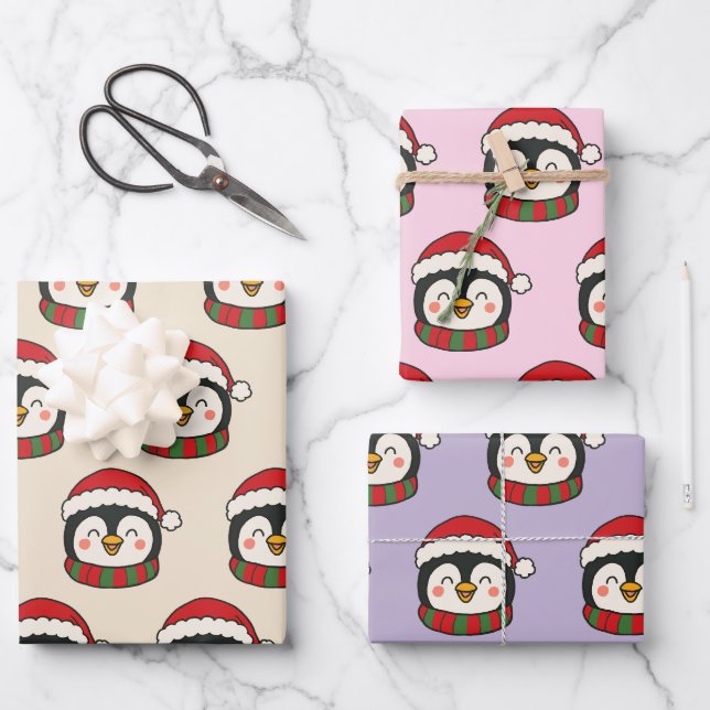Cute Penguin Pattern Christmas Holiday Wrapping Paper Sheet (Front)