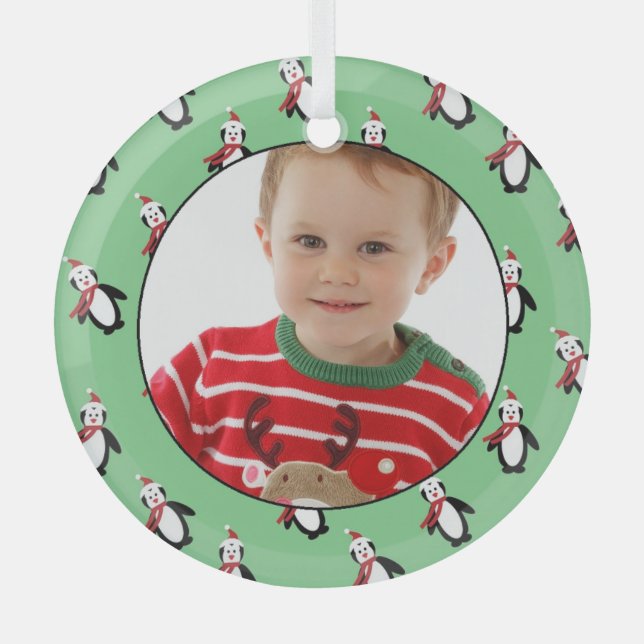 Cute Penguin Pattern Custom Photo  Glass Tree Decoration (Front)