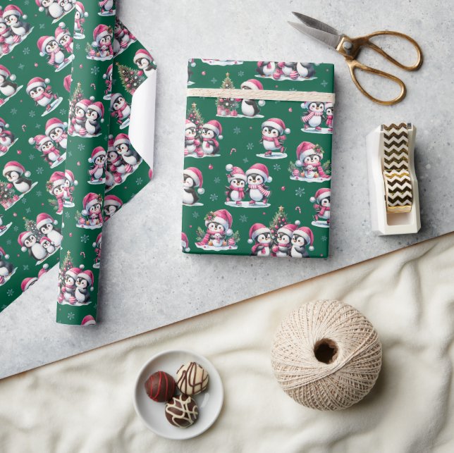 Cute Penguin Pattern Dark Green and Pink Christmas Wrapping Paper (Crafts)