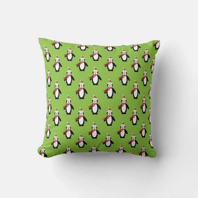 Cute Penguin Pattern on Green Background Cushion (Front)