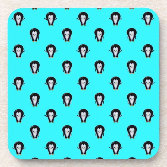 Cute Penguin Pattern over Minty Teal Blue Coaster (Front)