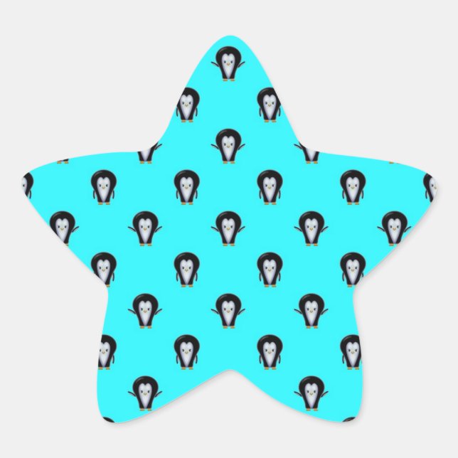 Cute Penguin Pattern over Minty Teal Blue Star Sticker (Front)