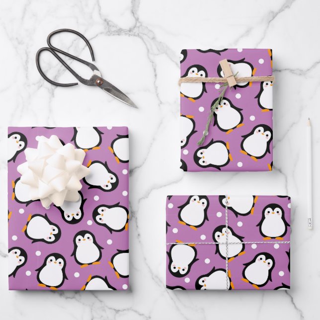 Cute penguin pattern Purple pattern Wrapping Paper Sheet (Front)