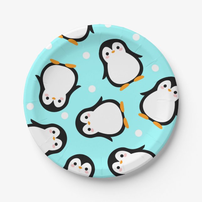 Cute penguin pattern turquoise pattern paper plate (Front)