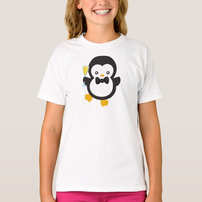 Cute Penguin, Penguin With Champagne, Party T-Shirt (Front)