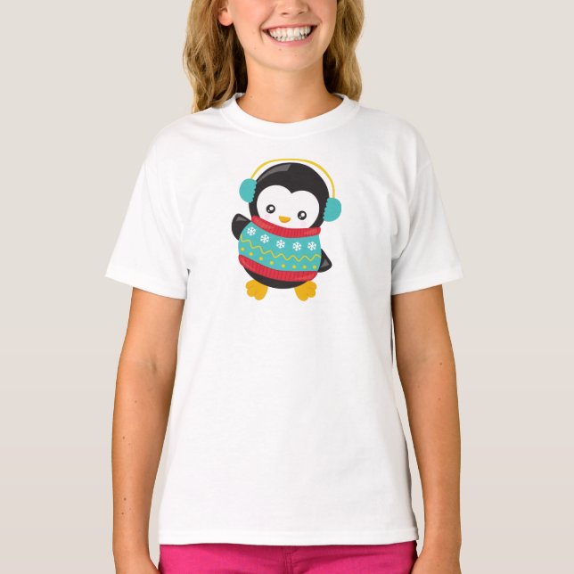Cute Penguin, Penguin With Sweater, Ear Muffs T-Shirt (Front)