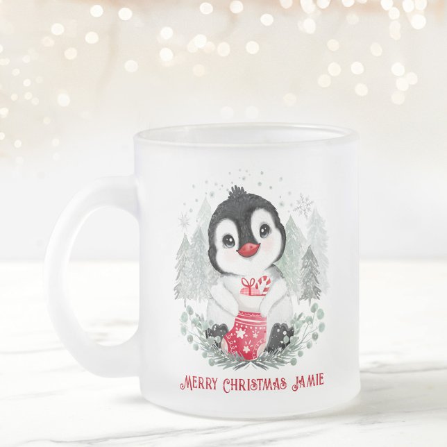 Cute Penguin Personalised Christmas Frosted Glass Coffee Mug (Cute Penguin Personalized Christmas Frosted Glass Coffee Mug)