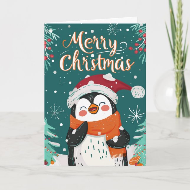 Cute Penguin Personalised Christmas Holiday Card (Front)