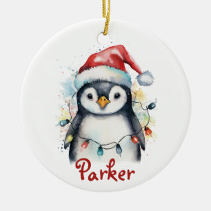 Cute Penguin Personalised Christmas Santa Hats  Ceramic Tree Decoration