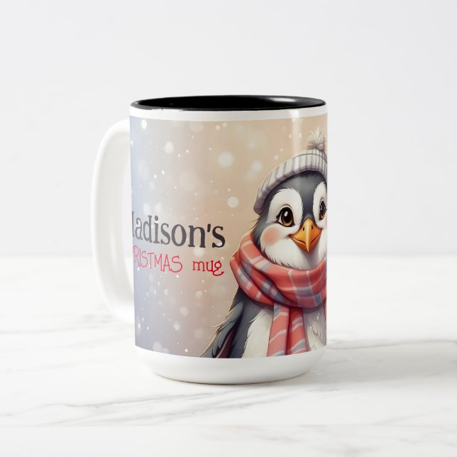cute penguin personalised christmas  Two-Tone coffee mug (Front Left)