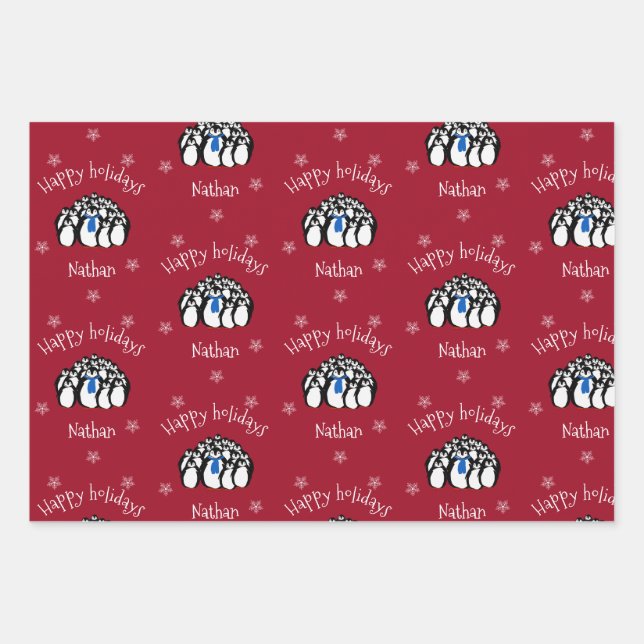 Cute Penguin Personalised Christmas Wrapping Paper Sheet (Front)