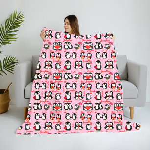 Cute Penguin Personalised Name Love Sherpa Blanket