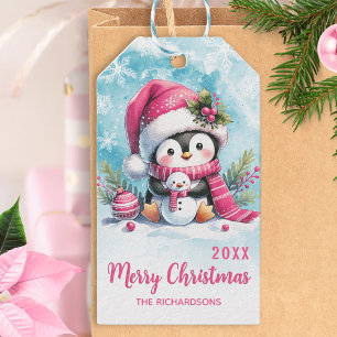 Cute Penguin Personalised Pink Merry Christmas Gift Tags
