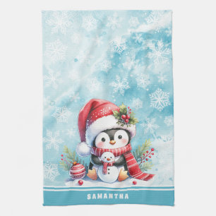 Cute Penguin Personalised Snowy Blue Christmas Tea Towel