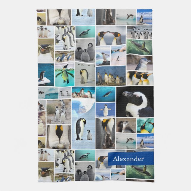 Cute Penguin Photo Collage Pattern with First Name Tea Towel (Vertical)