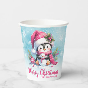 Cute Penguin Pink and Snowy Blue Merry Christmas Paper Cups