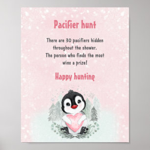 Cute Penguin Pink Baby Shower Game Pacifier Hunt Poster