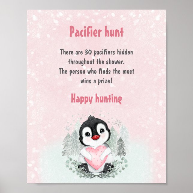 Cute Penguin Pink Baby Shower Game Pacifier Hunt Poster (Front)