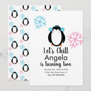 Cute Penguin Pink Blue Snowflakes Winter Invitatio Invitation