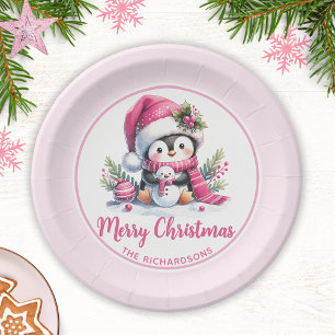 Cute Penguin Pink Custom Merry Christmas Paper Plate