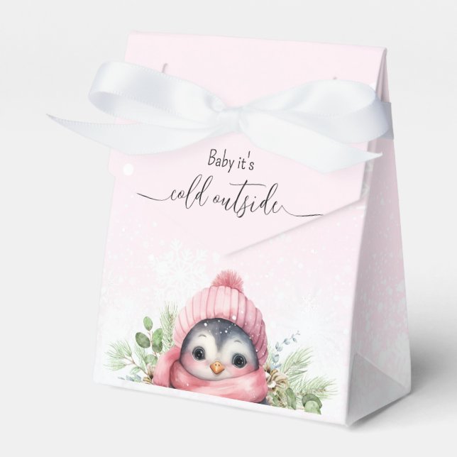 Cute Penguin Pink Girl Baby Shower Favour Box (Front Side)