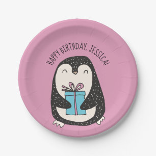 Cute Penguin Pink Personalised Birthday Paper Plate