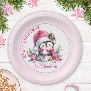 Cute Penguin Pink Personalised Merry Christmas Paper Plate