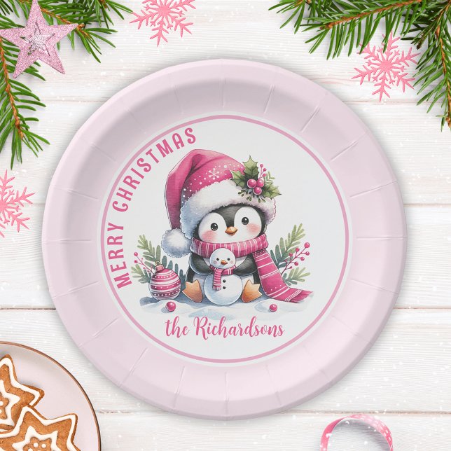 Cute Penguin Pink Personalised Merry Christmas Paper Plate (Creator Uploaded)