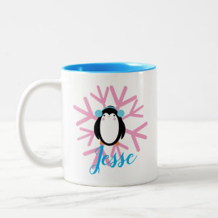 Cute Penguin Pink Snowflake Custom Name Christmas Two-Tone Coffee Mug