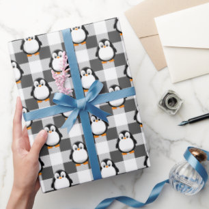 Cute Penguin Plaid Pattern In Black White and Gray Wrapping Paper