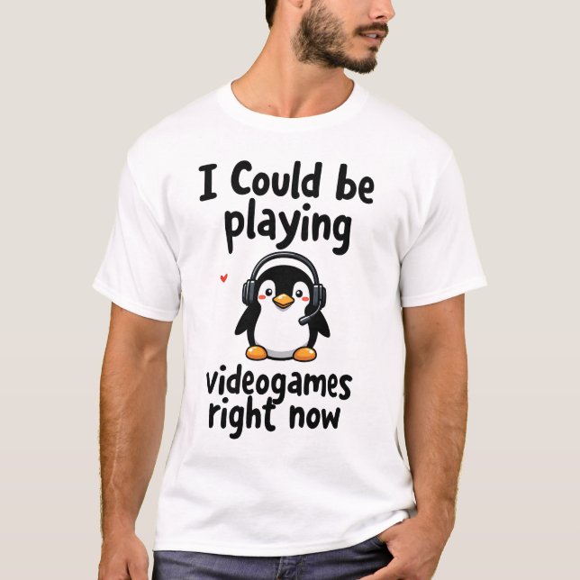 Cute Penguin Playing Videogames Gamer Shirt (Front)