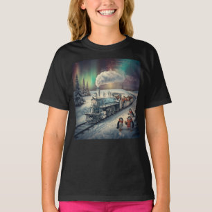 Cute Penguin Polar Express Train Northern Lights T-Shirt
