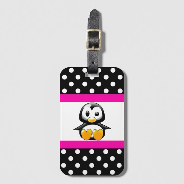 Cute Penguin & Polka Dots Luggage Tag (Front Vertical)