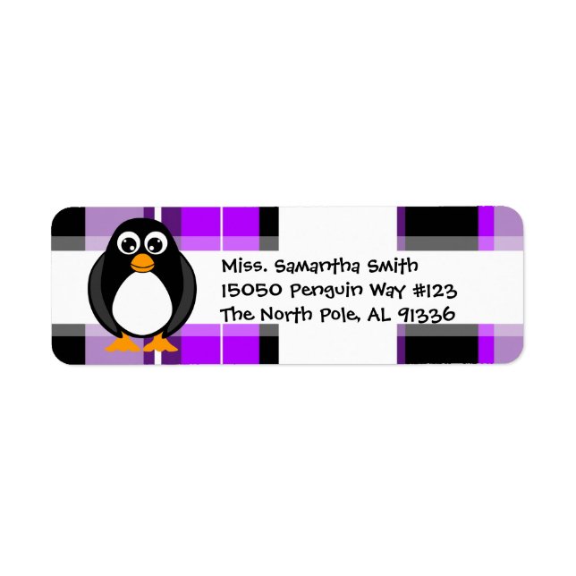 Cute Penguin Purple Stripe Return Address Labels (Front)