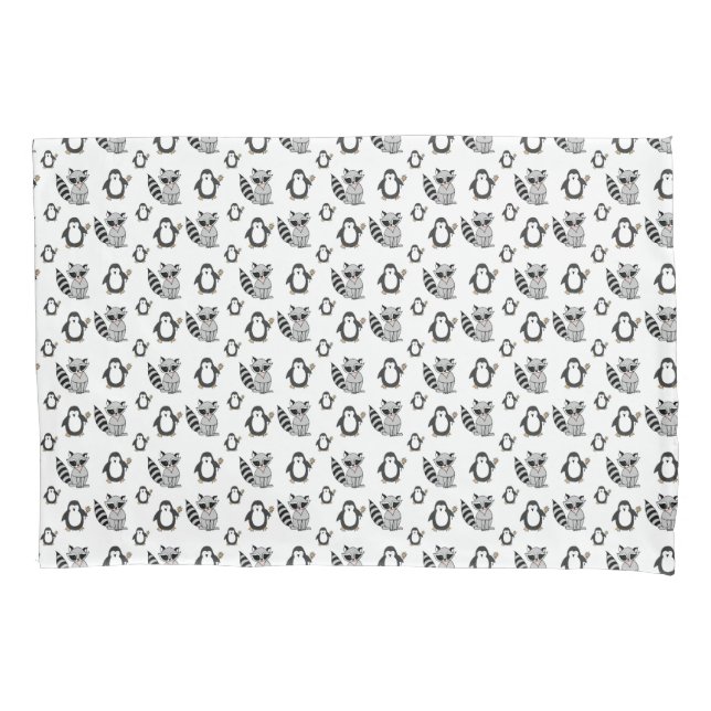Cute Penguin Racoon Animal Buddies Pillowcase (Front)