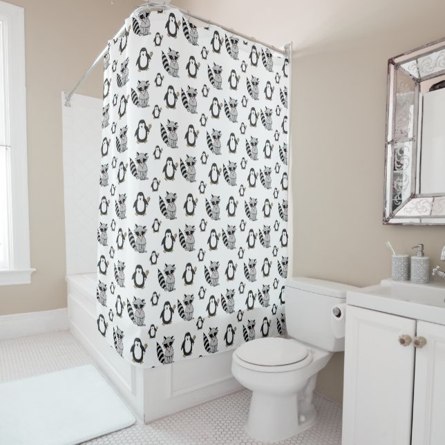 Cute Penguin Racoon Animal Buddies Shower Curtain (In Situ)