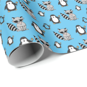 Cute Penguin Racoon Buddies Baby Gift Blue Wrapping Paper