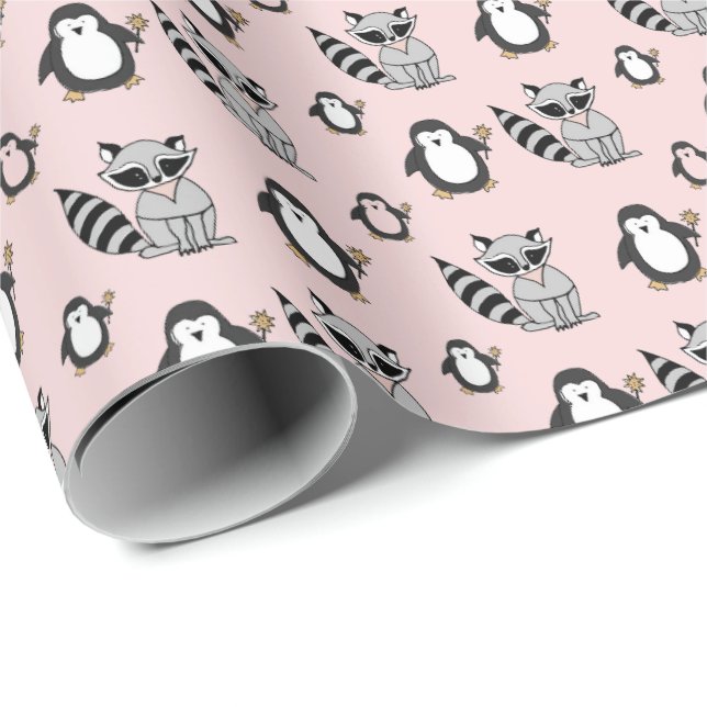Cute Penguin Racoon Buddies Baby Gift Pink Wrapping Paper (Roll Corner)