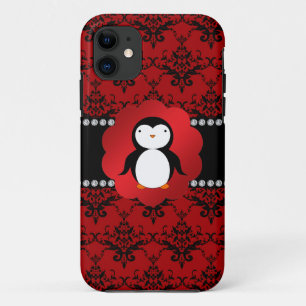 Cute penguin red damask iPhone 11 case
