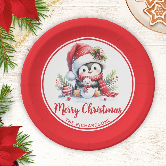 Cute Penguin Red White Custom Merry Christmas Paper Plate (Creator Uploaded)