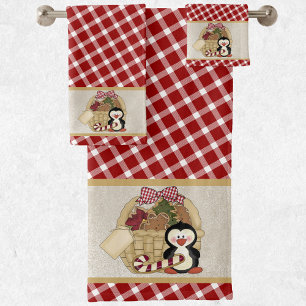 Cute Penguin Retro Holiday Basket Bath Towel Set