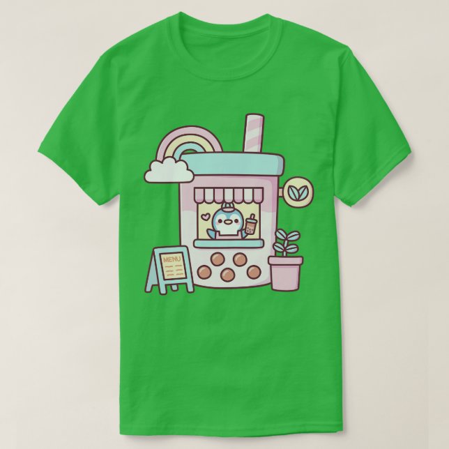 Cute Penguin Running A Bubble Tea Cafe T-Shirt (Design Front)