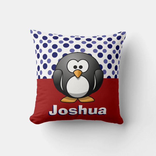 Cute Penguin RW&B w/ Polka Dots, Add Name Cushion (Front)