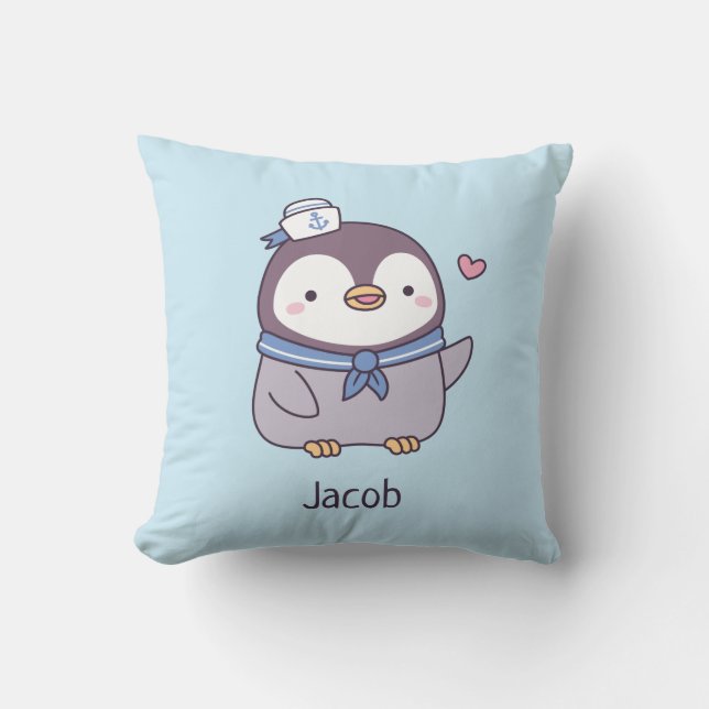 Cute Penguin Sailor Kids Personalised Room Decor Cushion (Front)