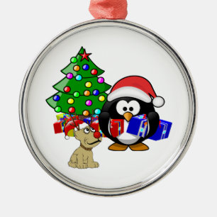 Cute Penguin Santa and Reindeer Dog Metal Tree Decoration