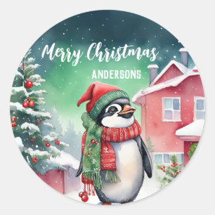 Cute penguin Santa Christmas birthday snow party Classic Round Sticker