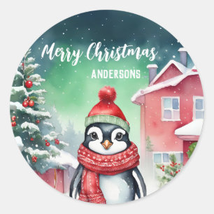 Cute penguin Santa Christmas birthday snow party Classic Round Sticker